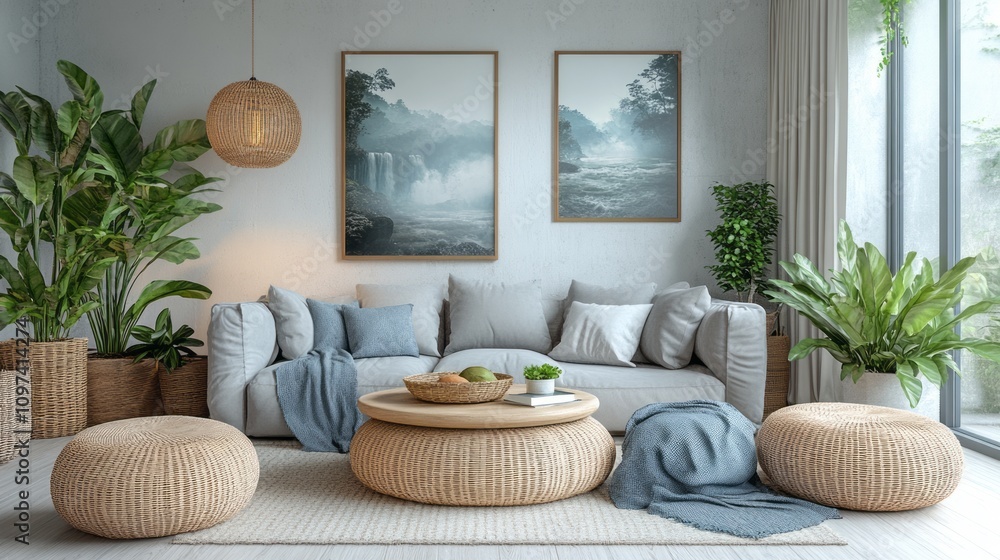 Fototapeta premium Serene Living Room Decor With Natural Elements And Waterfall Art