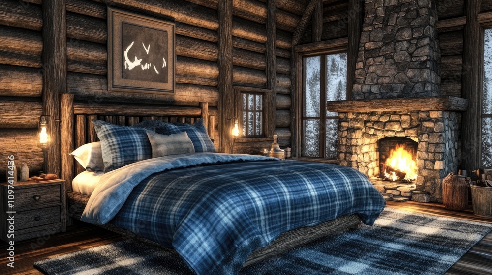Cozy Cabin Bedroom With Fireplace And Winter View Cozy Cabin Bedroom With Fireplace And Winter View