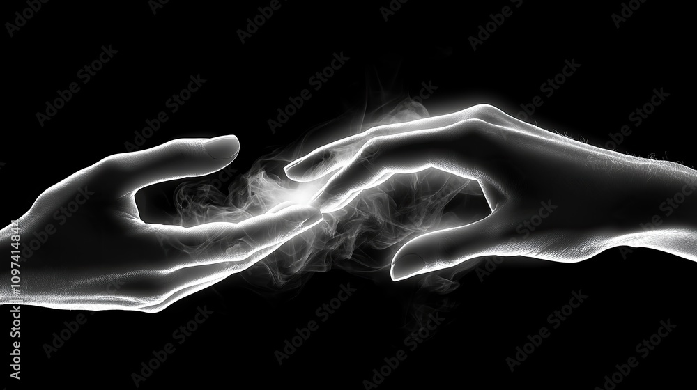 Fototapeta premium Ethereal Connection: A Symbolic Representation of Unity and Touch in a Mystical Black and White Scene for Posters and Digital Use