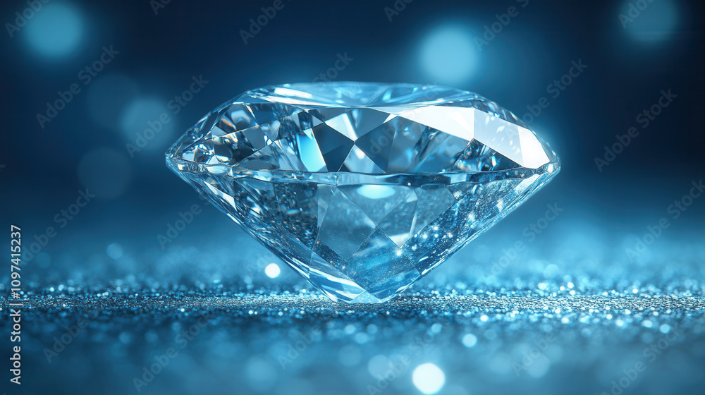 stunning close up of diamond sparkling against blue background, showcasing its brilliance and clarity. light reflects beautifully, creating enchanting atmosphere stunning close up of diamond sparkling against blue background, showcasing its brilliance and clarity. light reflects beautifully, creating enchanting atmosphere