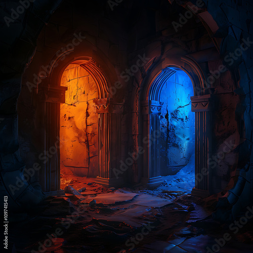 Mysterious Archways in a Dimly Lit Ruin with Fiery Orange and Cool Blue Lighting Creating an Enigmatic Atmosphere of Ancient History and Fantasy