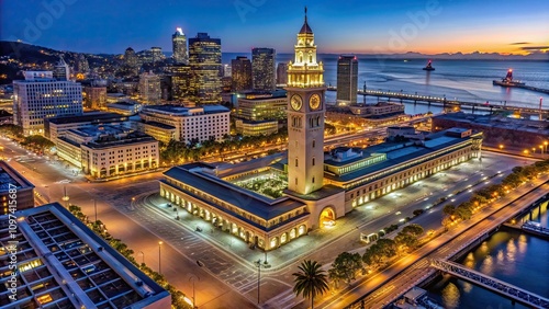 Aerial view of San Francisco Ferry Building illuminated at night , San Francisco, Ferry Building, night, aerial view
