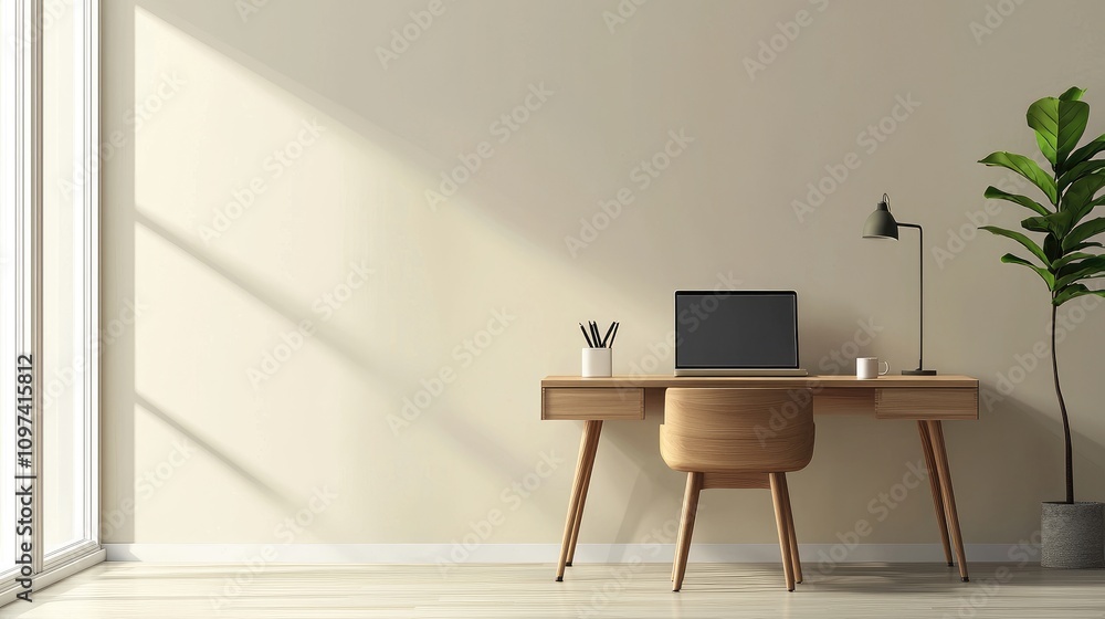 Minimalist Home Office with Wooden Desk, Laptop, and Plant Minimalist Home Office with Wooden Desk, Laptop, and Plant