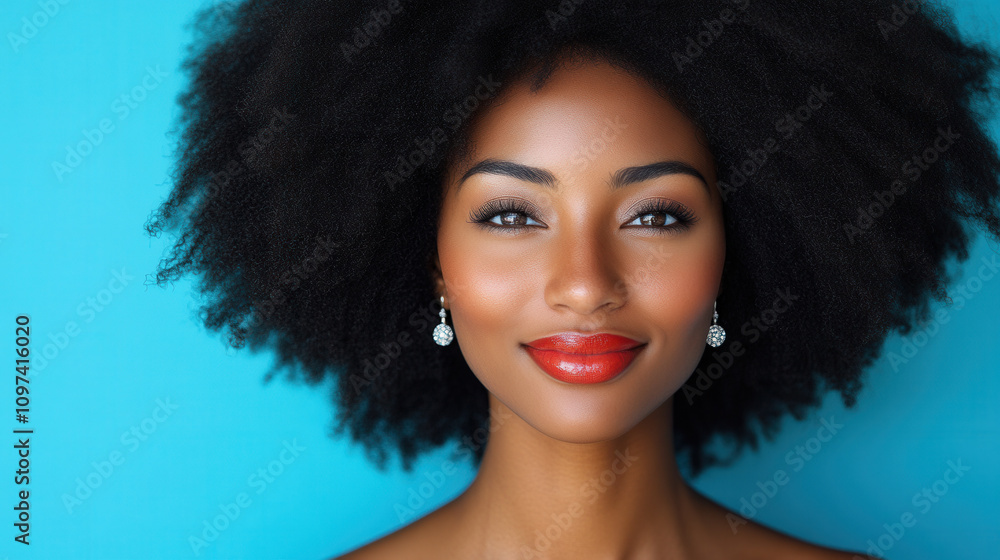 close up portrait of woman with curly hair and diamond earrings, showcasing her radiant smile and vibrant red lips against blue background. Her confident expression adds to beauty of image close up portrait of woman with curly hair and diamond earrings, showcasing her radiant smile and vibrant red lips against blue background. Her confident expression adds to beauty of image
