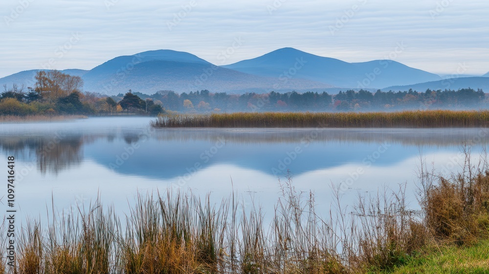 Serene Autumn Lake Mirroring Misty Mountains Serene Autumn Lake Mirroring Misty Mountains