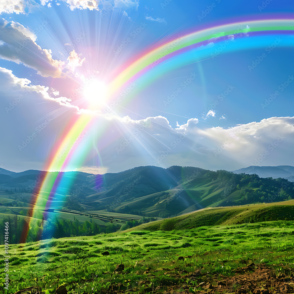 Breathtaking Natural Landscape of Rolling Hills Under a Vibrant Sky with a Stunning Rainbow Arching Across, Symbolizing Hope and Serenity in Nature's Beauty