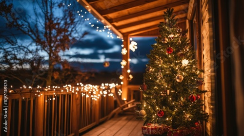 Festive Christmas Tree with Decorations and Outdoor Lights on a Cozy Porch During the Evening in a Beautiful Winter Setting