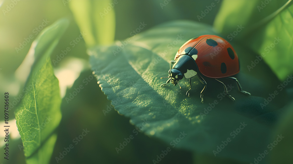 Fototapeta premium Ladybug on Leaf: Macro Photography, Nature, Insect, Close-up, 3D Rendering