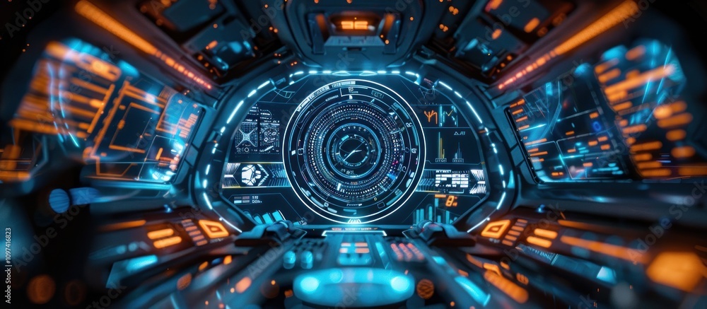 Futuristic spaceship cockpit interior with glowing blue and orange controls and digital displays. Futuristic spaceship cockpit interior with glowing blue and orange controls and digital displays.