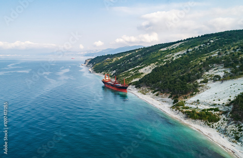 Aerial view of an abandoned bulk-carrier dry cargo ship washed ashore after a storm photo