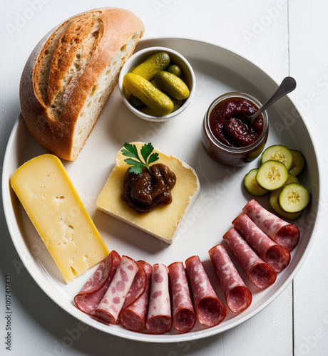 top view of a beautifully arranged Ploughman's Lunch Plate Box Set on a pristine white background, featuring a freshly bread loaf,  yellow cheese and thinly sliced cold cuts such as salami, ham photo