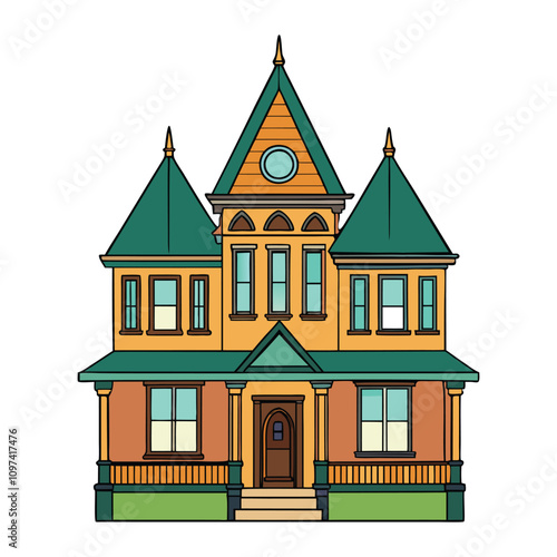 A Victorian duplex vector illustration showcasing elegant architectural details, with ornate windows, intricate trim, and a symmetrical design typical of the Victorian era.