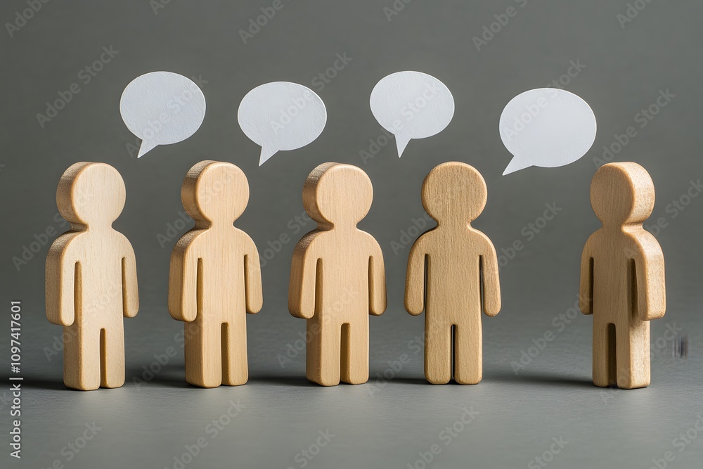 Wooden figures with speech bubbles, communication and teamwork concept, group discussion Wooden figures with speech bubbles, communication and teamwork concept, group discussion