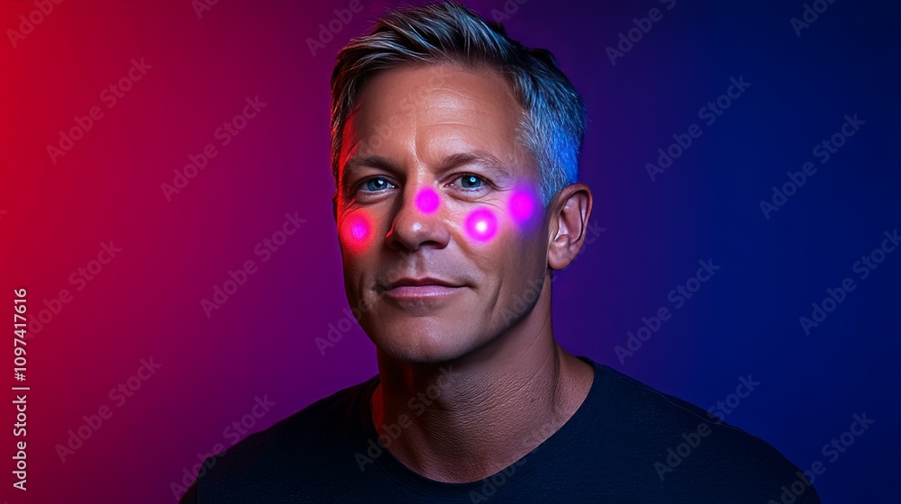 Confident man in a dark t shirt with futuristic pink and purple augmented reality markers on his face set against a bold vivid gradient background Confident man in a dark t shirt with futuristic pink and purple augmented reality markers on his face set against a bold vivid gradient background