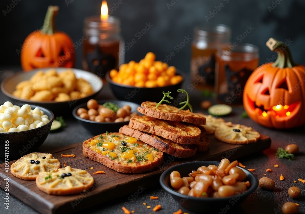 Festive table setting with Halloween treats and decorations for a seasonal celebration Festive table setting with Halloween treats and decorations for a seasonal celebration