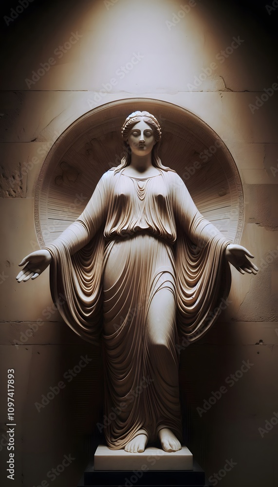 The statue is carved from marble, its surface worn smooth by time and touched by the hands of countless worshippers. It depicts a divine figure, likely a god or goddess from Greek or Roman mythology. The statue is carved from marble, its surface worn smooth by time and touched by the hands of countless worshippers. It depicts a divine figure, likely a god or goddess from Greek or Roman mythology.