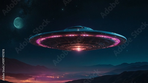 Alien Spaceship (UFO) Flying at Night: Mysterious Scene with the Moon Illuminating the Sky photo