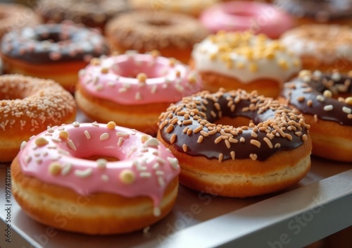 Wallpaper Mural Assorted colorful donuts arranged on a tray in a bakery setting Torontodigital.ca