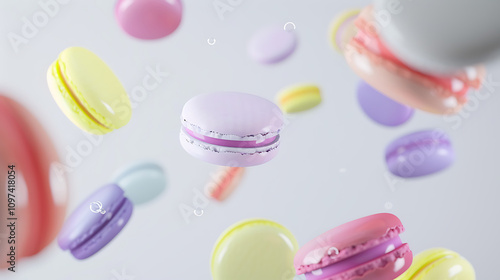 Colorful Floating Macarons in a Light Background Creating a Dreamy and Whimsical Atmosphere, Perfect for Dessert Themes, Baking Inspiration, and Sweet Treat Illustrations