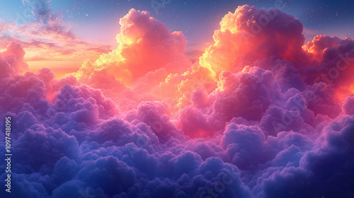 Fototapeta Naklejka Na Ścianę i Meble -  Colorful clouds at sunset create stunning evening sky filled with vibrant hues of orange, pink, and purple, evoking sense of tranquility and wonder
