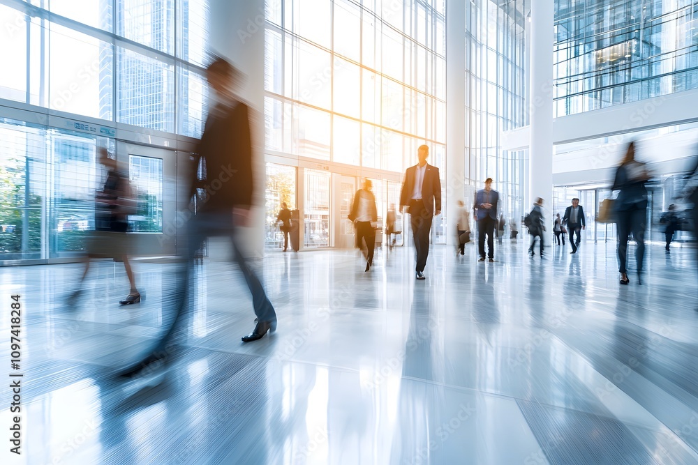 Blurred Motion of Business People Walking in Modern Office Building Lobby with Large Glass Windows Blurred Motion of Business People Walking in Modern Office Building Lobby with Large Glass Windows