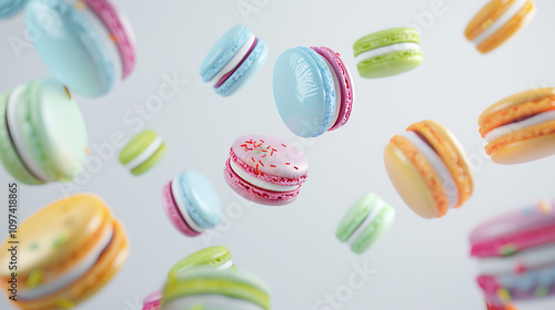 Wallpaper Mural Colorful Floating Macarons on a Light Background, Showcasing Various Flavors and Designs, Perfect for Culinary and Dessert-Themed Projects and Marketing Materials Torontodigital.ca