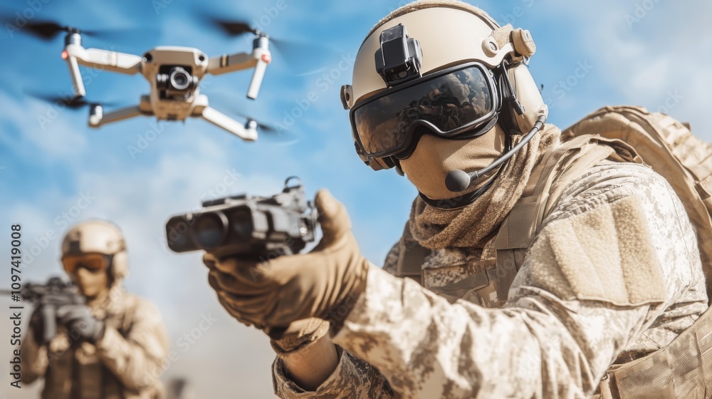 Military Personnel in Tactical Gear Engaging with Drone Technology in a Desert Environment During a Training Exercise Military Personnel in Tactical Gear Engaging with Drone Technology in a Desert Environment During a Training Exercise