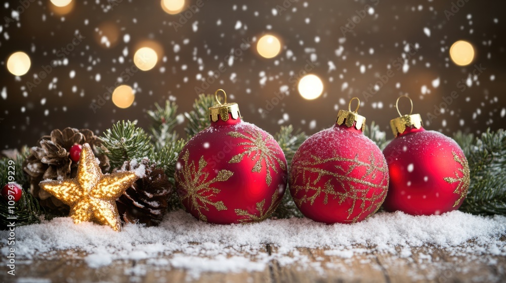 Festive Red Christmas Ornaments with Gold Accents Surrounded by Snowy Pine Cones and Sparkling Lights in a Cozy Holiday Setting Festive Red Christmas Ornaments with Gold Accents Surrounded by Snowy Pine Cones and Sparkling Lights in a Cozy Holiday Setting