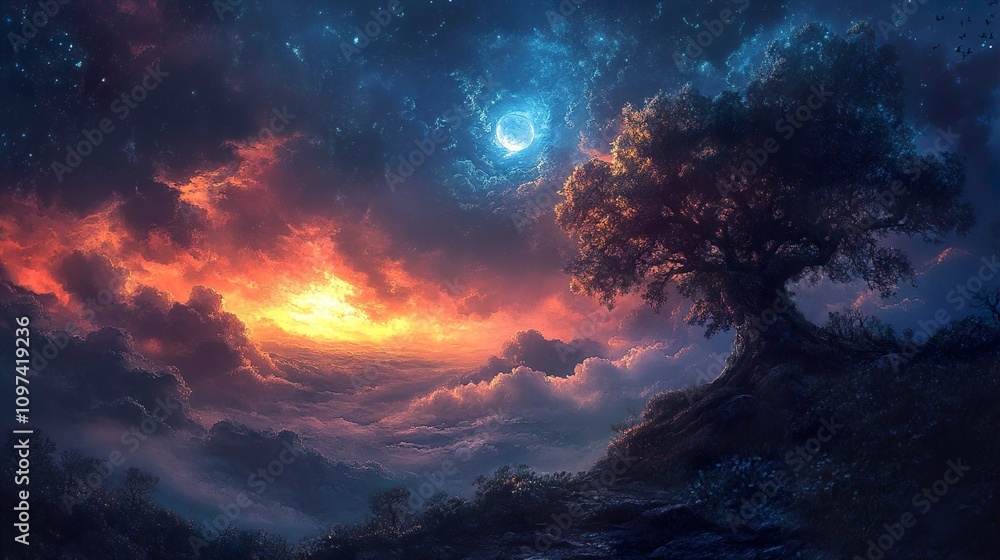 Sunset and Moonlit Fantasy Landscape: A Dreamlike Scenery Above the Clouds Sunset and Moonlit Fantasy Landscape: A Dreamlike Scenery Above the Clouds