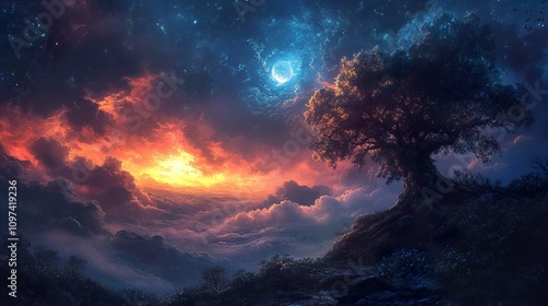 Sunset and Moonlit Fantasy Landscape: A Dreamlike Scenery Above the Clouds