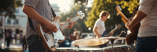 Musicians engage in an energetic outdoor performance with electric guitars and drums, capturing the passion and unity of live music amidst nature.