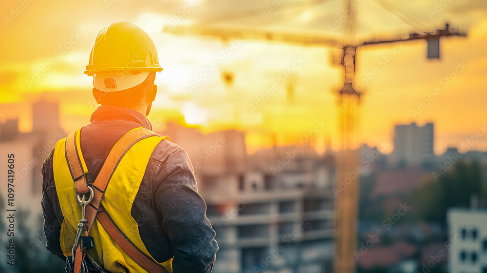 Construction Worker Overlooking Urban Skyline at Sunset with Crane in Background and Safety Gear in Vibrant Colors for Industry and Labor Themes Construction Worker Overlooking Urban Skyline at Sunset with Crane in Background and Safety Gear in Vibrant Colors for Industry and Labor Themes