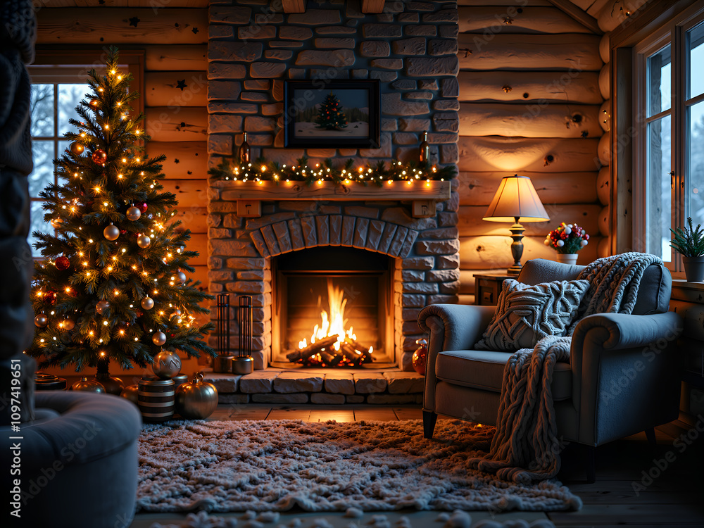 Warm and inviting cabin living room with christmas tree and fireplace decor, photography of interior concept. Warm and inviting cabin living room with christmas tree and fireplace decor, photography of interior concept.
