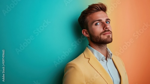 Businessman and Businesswoman, portrait, solid background, thinking, thoughtful, fashion, confident close-up, outdoor, success, corporate photo