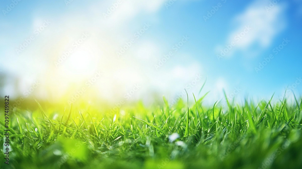 Bright green grass under a clear blue sky with sunlight shining in the background Bright green grass under a clear blue sky with sunlight shining in the background