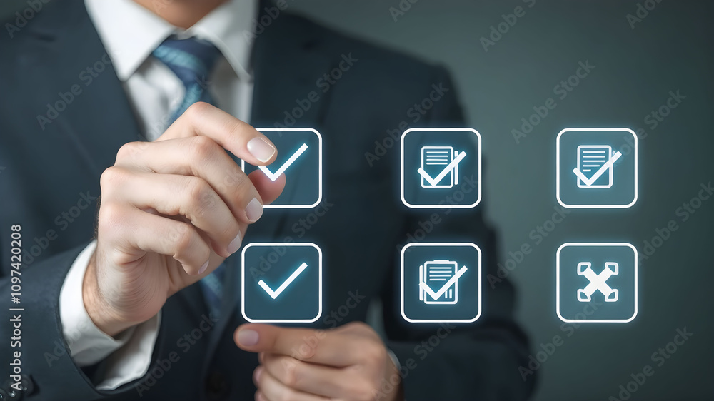 Businessman ticking check boxes on digital checklist and document control processes Businessman ticking check boxes on digital checklist and document control processes