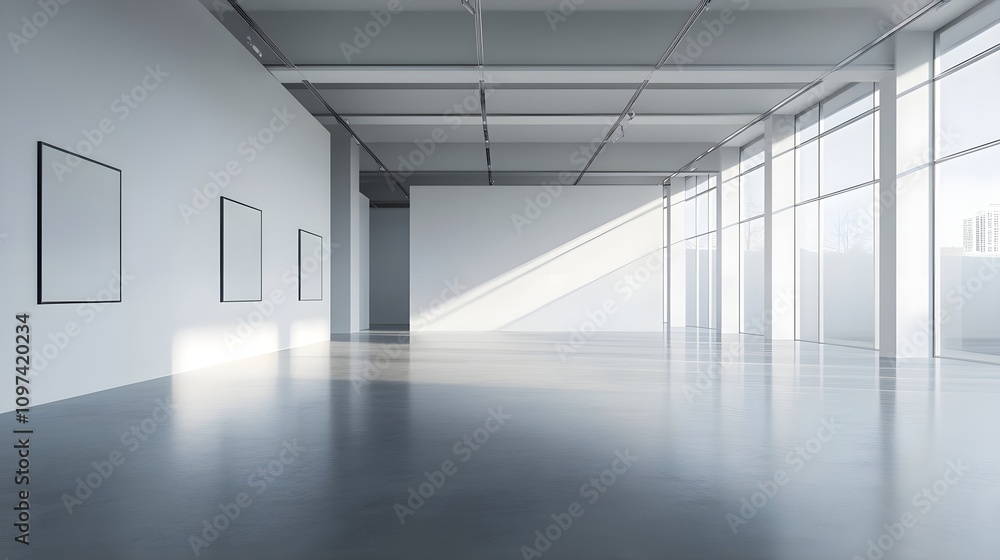 A modern interior with empty white walls and concrete flooring, ideal for art exhibition or gallery space, with bright lighting. 3D Rendering A modern interior with empty white walls and concrete flooring, ideal for art exhibition or gallery space, with bright lighting. 3D Rendering