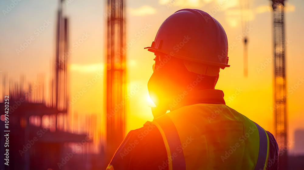 Construction Worker Watching Sunset Over Building Site, Silhouette of Safety Helmet and Vest Against Vibrant Colors of Evening Sky Construction Worker Watching Sunset Over Building Site, Silhouette of Safety Helmet and Vest Against Vibrant Colors of Evening Sky