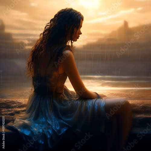 woman on the beach at sunset