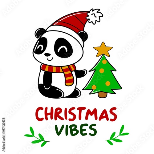  a cute Panda with text Christmas vibes on white background 