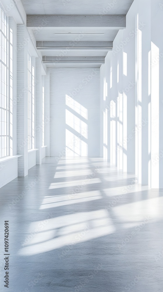 A modern interior with empty white walls and concrete flooring, ideal for art exhibition or gallery space, with bright lighting. 3D Rendering A modern interior with empty white walls and concrete flooring, ideal for art exhibition or gallery space, with bright lighting. 3D Rendering