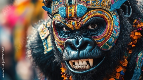 Close-up of a vibrant, ornate gorilla mask. photo