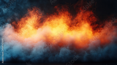 Fiery flames and smoke create dramatic and intense background, showcasing vibrant orange and red hues against dark backdrop. This captivating scene evokes strong emotions