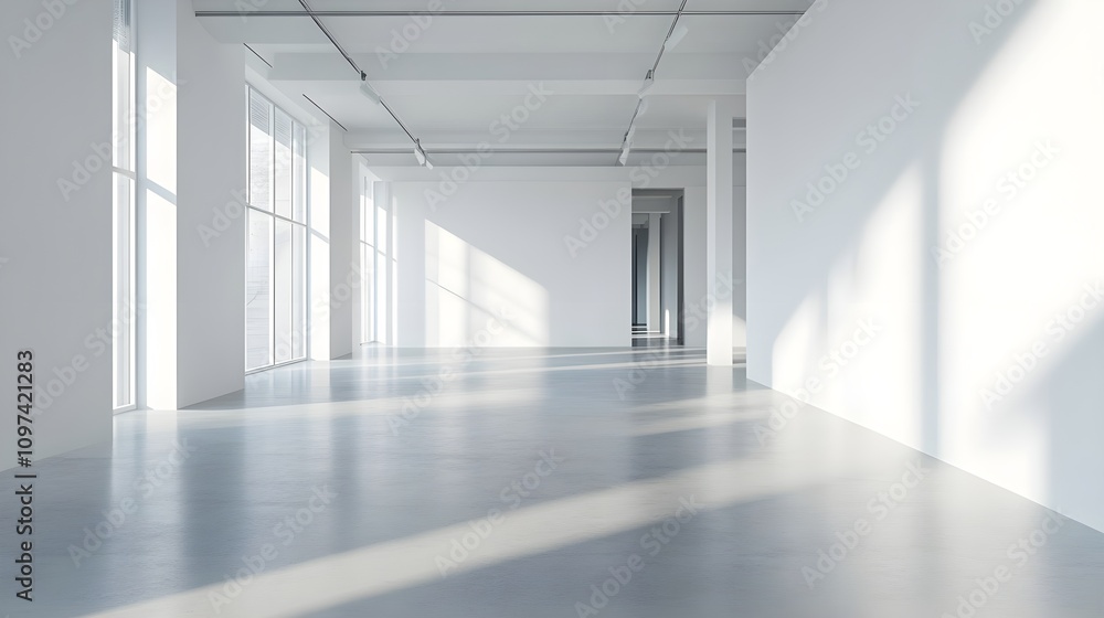 A modern interior with empty white walls and concrete flooring, ideal for art exhibition or gallery space, with bright lighting. 3D Rendering A modern interior with empty white walls and concrete flooring, ideal for art exhibition or gallery space, with bright lighting. 3D Rendering