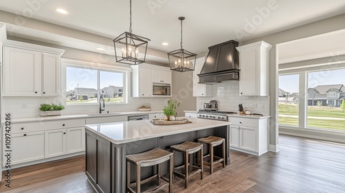 Wallpaper Mural Modern Kitchen Interior Design Featuring Elegant White Cabinets, Spacious Island, Stylish Lighting Fixtures, and Open View of Outdoor Landscape in Bright Natural Light Torontodigital.ca