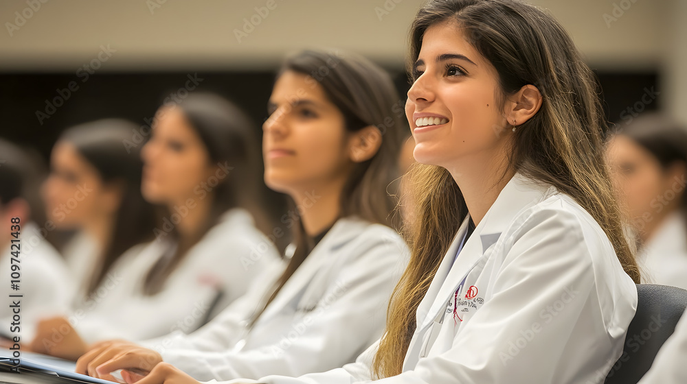 Young medical students engaged in learning during a classroom lecture, showcasing eagerness and dedication to their future healthcare careers Young medical students engaged in learning during a classroom lecture, showcasing eagerness and dedication to their future healthcare careers