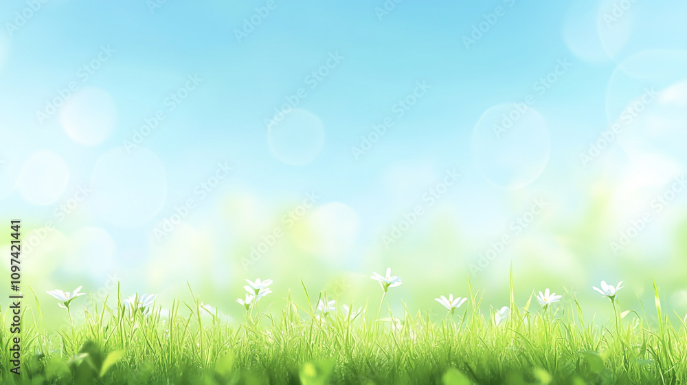 Bright spring day with blooming flowers and soft blue sky above green grass Bright spring day with blooming flowers and soft blue sky above green grass