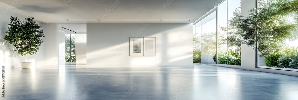 A modern interior with empty white walls and concrete flooring, ideal for art exhibition or gallery space, with bright lighting. 3D Rendering A modern interior with empty white walls and concrete flooring, ideal for art exhibition or gallery space, with bright lighting. 3D Rendering