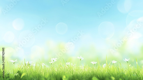 Bright spring day with blooming flowers and soft blue sky above green grass