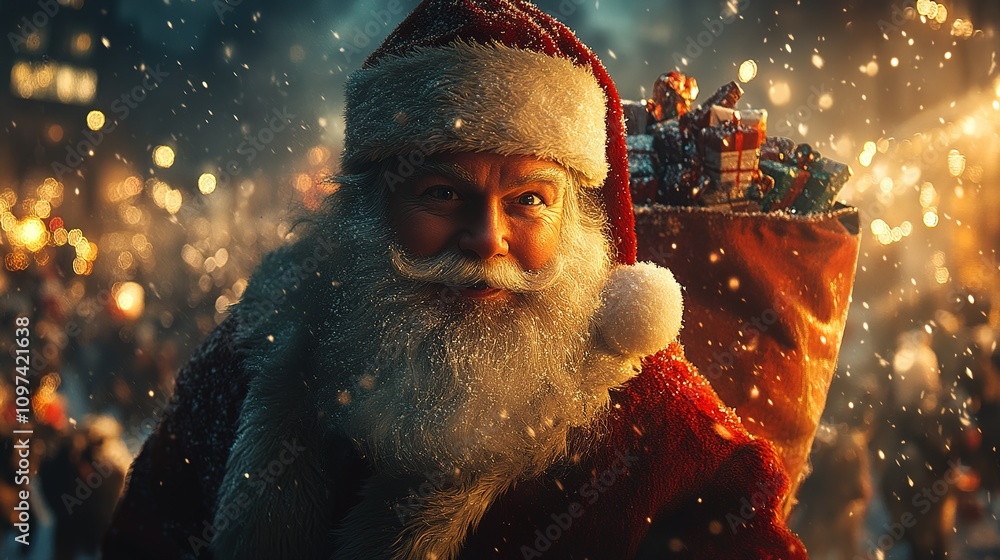 Santa Claus on his sleigh, pulled by reindeer, flying at night to deliver gifts Santa Claus on his sleigh, pulled by reindeer, flying at night to deliver gifts